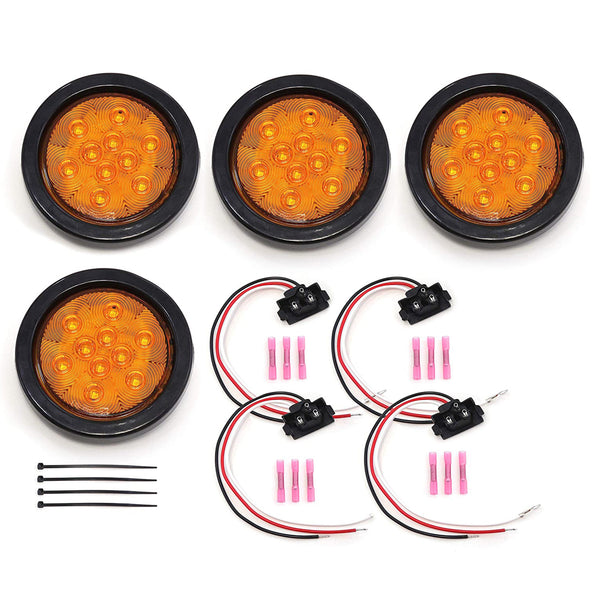 4 Inches Round 2 Pack Amber 10 LED Stop Turn Running Light Brake Flush Pair Truck Trailer DOT Compliant Includes Deluxe Install Kit with Grommets, Connectors and Ties