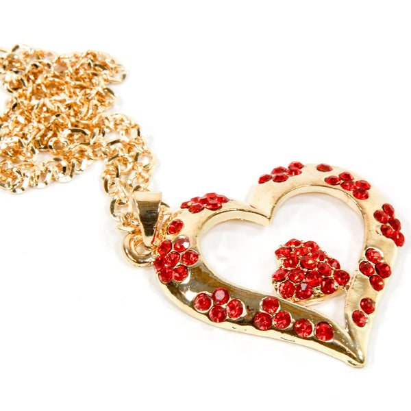 Gold Bling Double Heart Mirror Car Charm Hanger Ornament Red Rhinestones with Chain