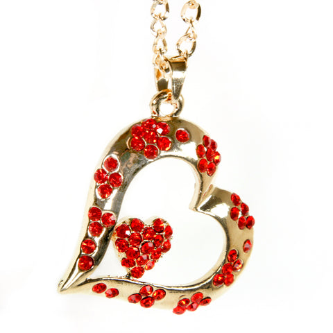 Gold Bling Double Heart Mirror Car Charm Hanger Ornament Red Rhinestones with Chain