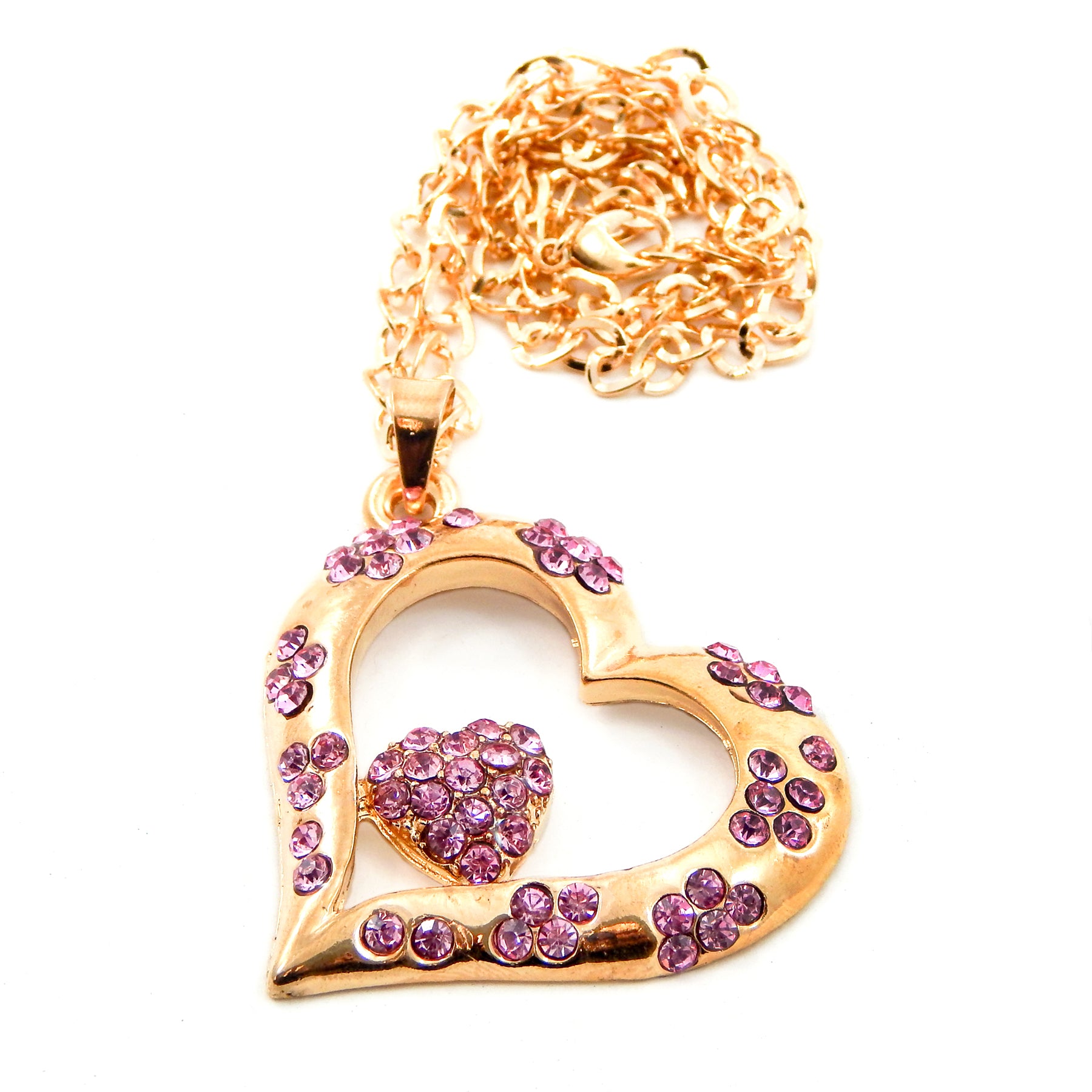 Red Hound Auto Gold Bling Double Heart Mirror Car Charm Hanger Ornament Pink Rhinestones with Chain