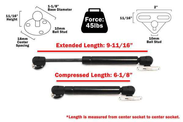 Red Hound Auto 2 Replacement 10 Inch Gas Struts Prop Shock Lift Support Spring Arm Toolbox RV Camper Hood Liftgate Hatch 9-11/16 Inch Extended Length (6-1/8 Compressed) 45 Lbs Ball Mount HW Included