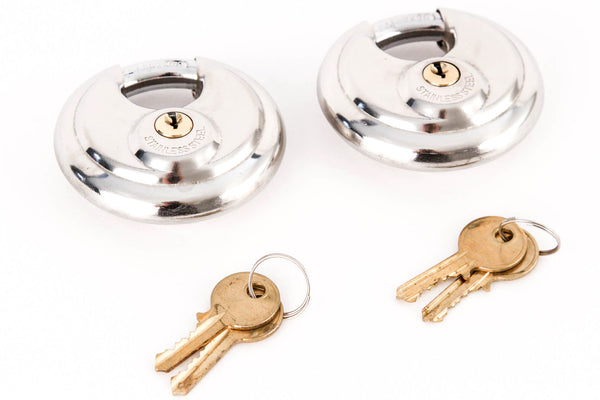 Red Hound Auto Stainless Steel Shrouded Disc Padlock with 2-3/4 Inches Wide Body (Pack of 2) Shackle Shielded Trailer Self Storage Pair Keyed Alike with 4 Keys Included 70 mm