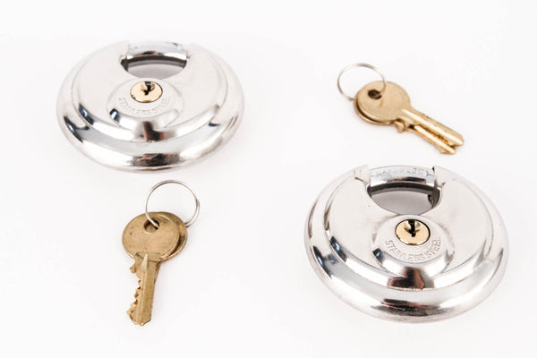 Red Hound Auto Stainless Steel Shrouded Disc Padlock with 2-3/4 Inches Wide Body (Pack of 2) Shackle Shielded Trailer Self Storage Pair Keyed Alike with 4 Keys Included 70 mm