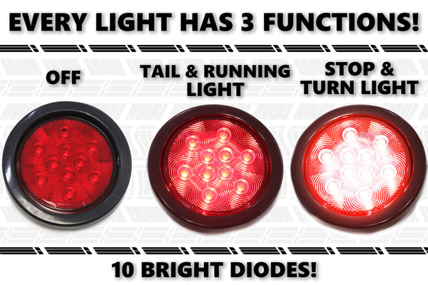 4 Inches Round 2 Pack 10 LED Stop Turn Tail Light Brake Flush (1 Red, 1 Amber) Truck Trailer DOT Compliant Includes Deluxe Kit with Grommets, Connectors and Ties