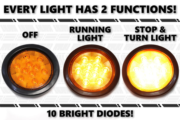 4 Inches Round Amber 10 LED Stop Turn Running Light Brake Flush Truck Trailer DOT Compliant 1 Light Includes Deluxe Kit with Grommet, Connectors and Tie