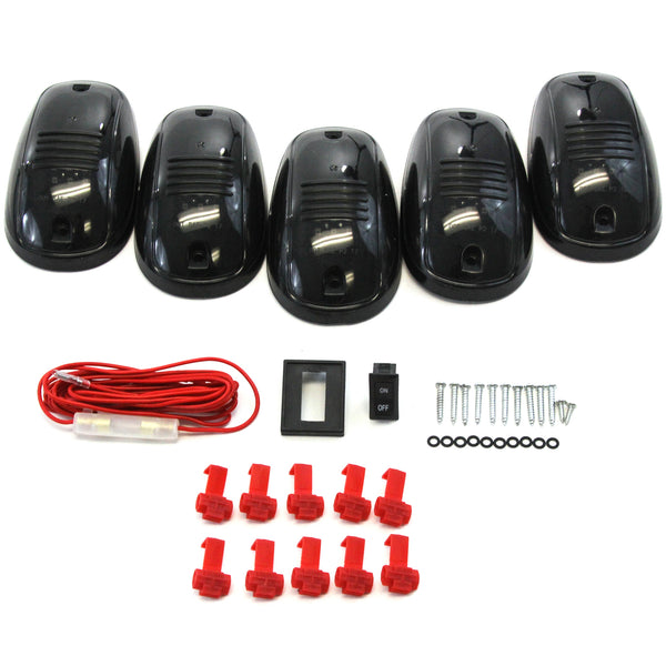 5 Piece Smoked Lens Amber LED Cab Roof Running Marker Light Set Compatible with Trucks SUVs RVs Off Road Complete Kit with Wiring Harness Switch & Hardware