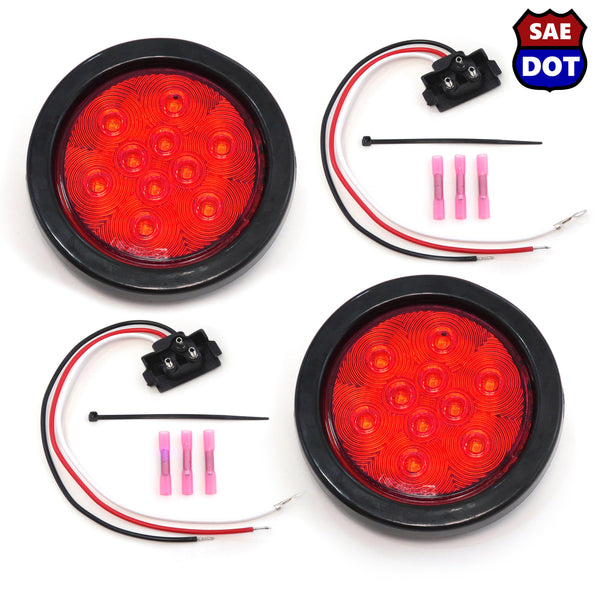 4 Inches Round 2 Pack Red 10 LED Stop Turn Tail Light Brake Flush Pair Truck Trailer DOT Compliant Includes Deluxe Install Kit with Grommets, Connectors and Ties