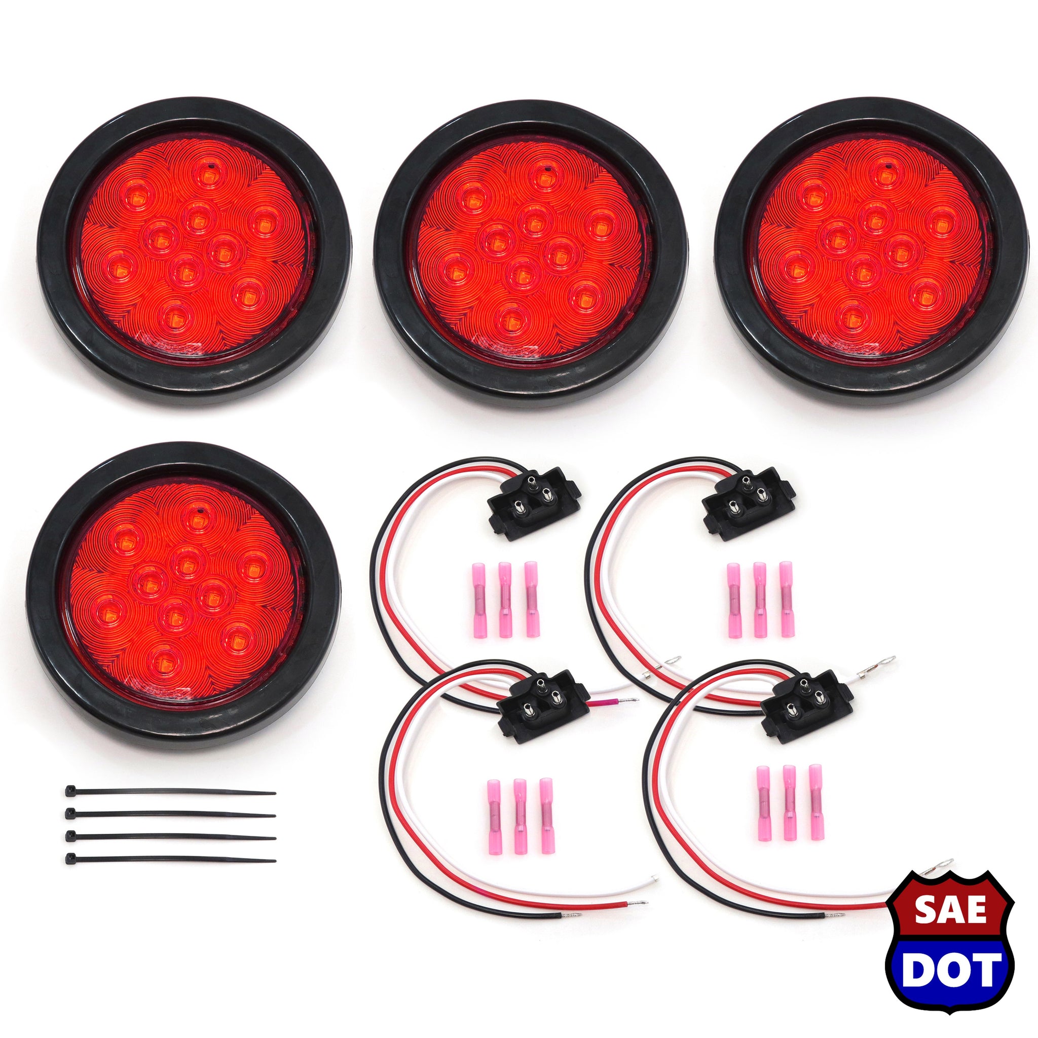 4 Inches Round 4 Pack Red 10 LED Stop Turn Tail Light Brake Flush Truck Trailer DOT Compliant Includes Deluxe Install Kit with Grommets, Connectors and Ties