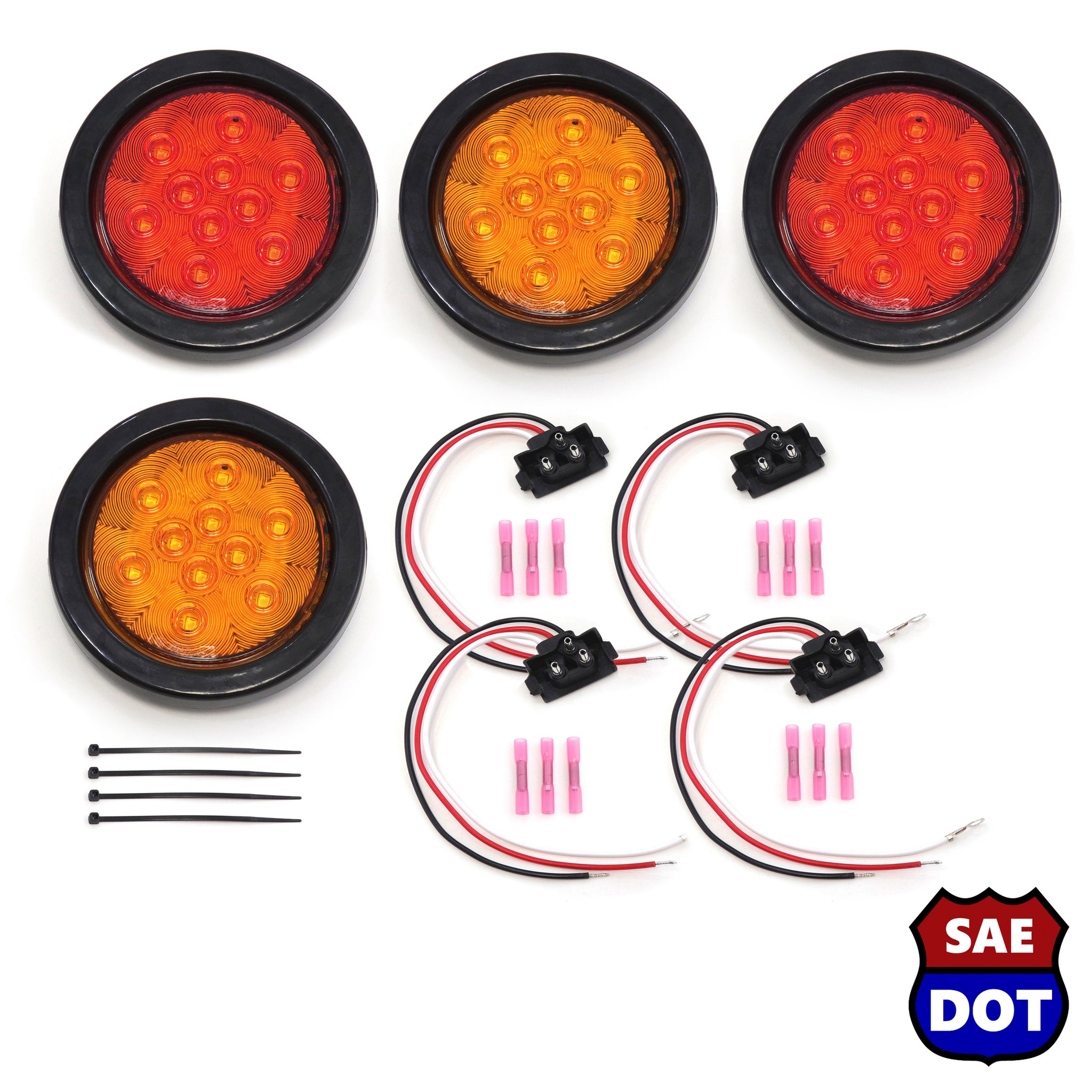 4 Inches Round 4 Pack 10 LED Stop Turn Tail Light Brake Flush Pair (2 Red, 2 Amber) Truck Trailer DOT Compliant Includes Deluxe Kit with Grommets, Connectors and Ties