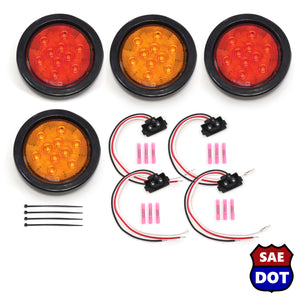 4 Inches Round 4 Pack 10 LED Stop Turn Tail Light Brake Flush Pair (2 Red, 2 Amber) Truck Trailer DOT Compliant Includes Deluxe Kit with Grommets, Connectors and Ties