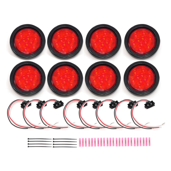 4 Inches Round 8 Pack Red 10 LED Stop Turn Tail Light Brake Flush Truck Trailer DOT Compliant Includes Deluxe Install Kit with Grommets, Connectors and Ties