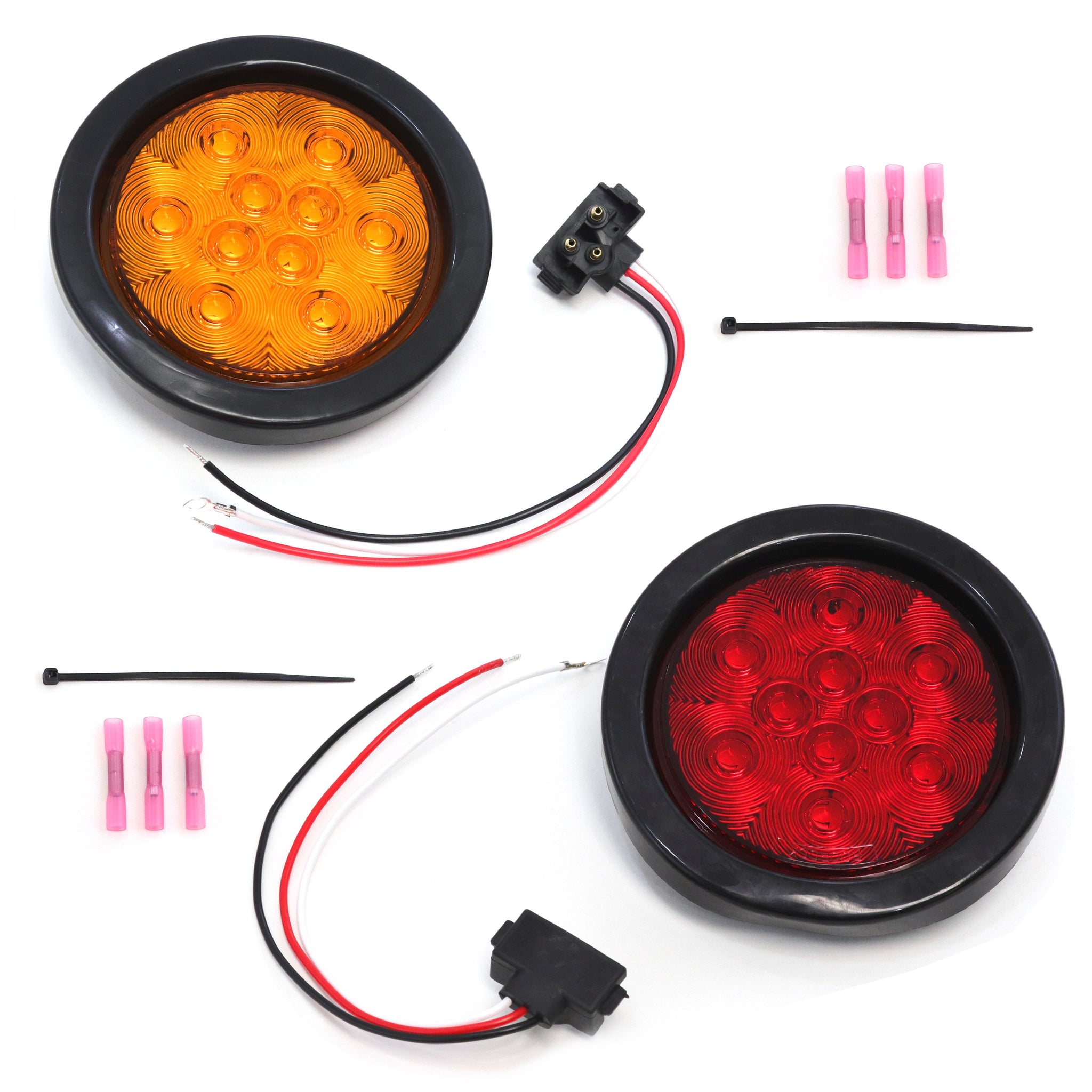 4 Inches Round 2 Pack 10 LED Stop Turn Tail Light Brake Flush (1 Red, 1 Amber) Truck Trailer DOT Compliant Includes Deluxe Kit with Grommets, Connectors and Ties