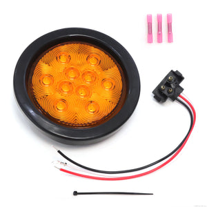 4 Inches Round Amber 10 LED Stop Turn Running Light Brake Flush Truck Trailer DOT Compliant 1 Light Includes Deluxe Kit with Grommet, Connectors and Tie