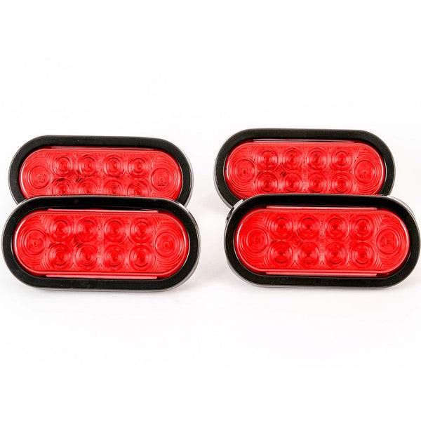 (4) Trailer Truck LED Sealed RED 6 Inches Oval Stop/Turn/Tail Light Marine Waterproof
