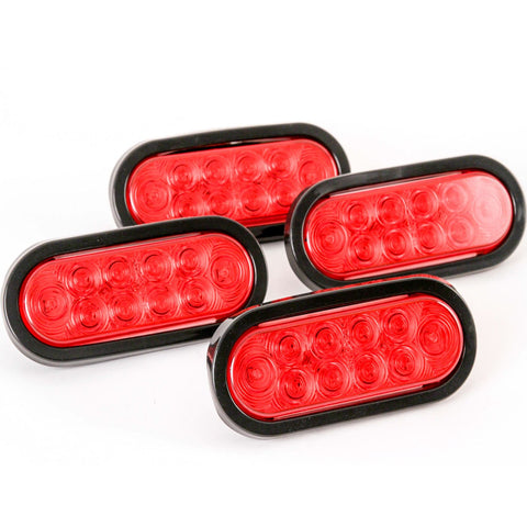 (4) Trailer Truck LED Sealed RED 6 Inches Oval Stop/Turn/Tail Light Marine Waterproof