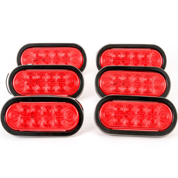 (6) Trailer Truck LED Sealed RED 6 Inches Oval Stop/Turn/Tail Light Marine Waterproof