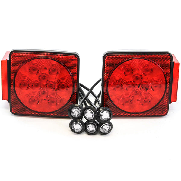 Led Pair Trailer Square Tail Light under 80 Inches & (6) 3/4 Inches Clear Side Marker Lights