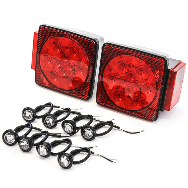Led Pair Trailer Square Tail Light under 80 Inches & (8) 3/4 Inches Clear Side Marker Lights