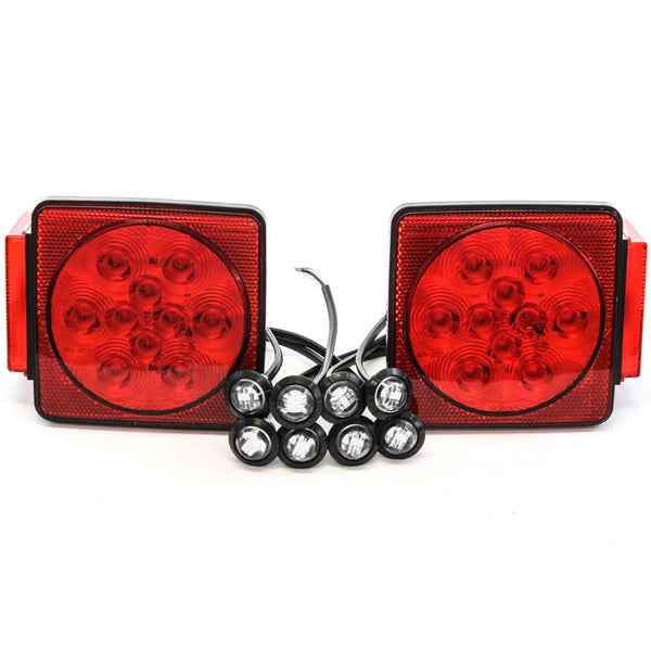 Led Pair Trailer Square Tail Light under 80 Inches & (8) 3/4 Inches Clear Side Marker Lights