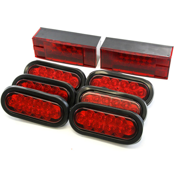 (2) LED Submersible Combination Trailer Tail Lights Boat & (6) 6 Inches Oval Side Red