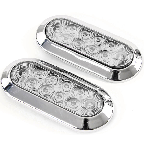 (2) 6 Inches Oval Red Clear Chrome LED Stop Turn Tail Light Surface Mount Trailer Truck