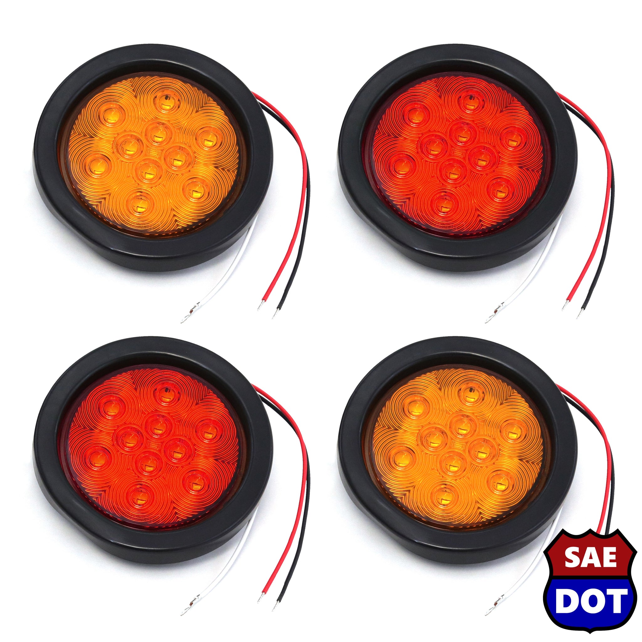 4 Inches Round 2 Red & 2 Amber 10 LED Stop Turn Tail Light Brake Flush Truck Trailer