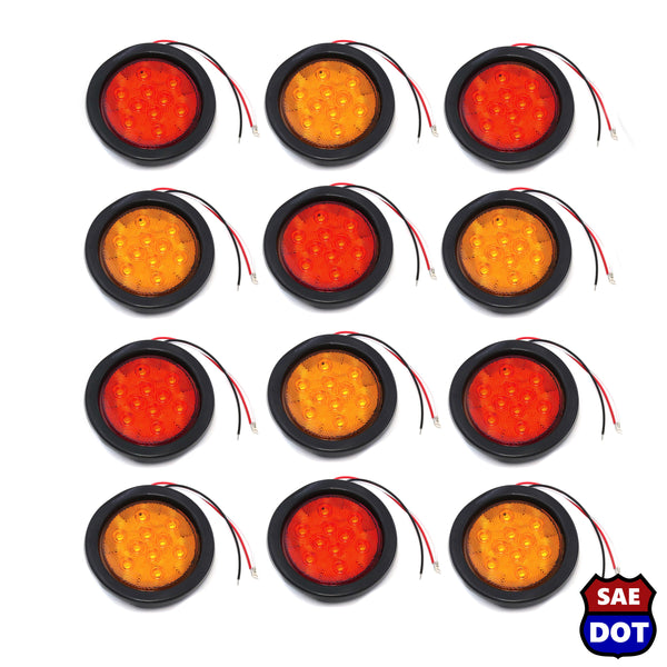 4 Inches Round 6 Red & 6 Amber 10 LED Stop Turn Tail Light Brake Flush Truck Trailer