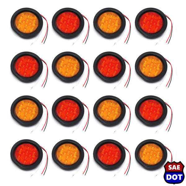 4 Inches Round 8 Red & 6 Amber 10 LED Stop Turn Tail Light Brake Flush Truck Trailer