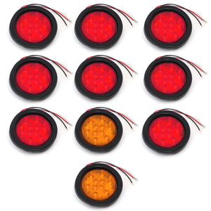4 Inches Round 8 Red & 2 Amber 10 LED Stop Turn Tail Light Brake Flush Truck Trailer