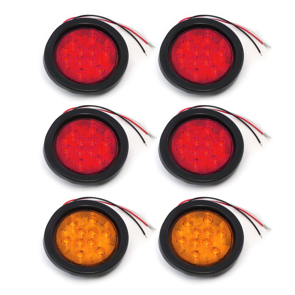 4 Inches Round 4 Red & 2 Amber 10 LED Stop Turn Tail Light Brake Flush Truck Trailer