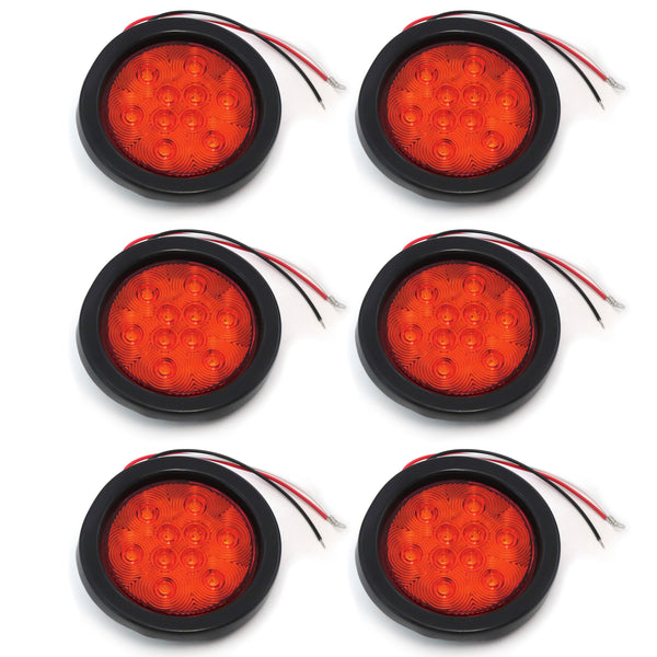 4 Inches Round (6) Red 10 LED Stop Turn Tail Light Brake Flush Truck Trailer 3 Pairs
